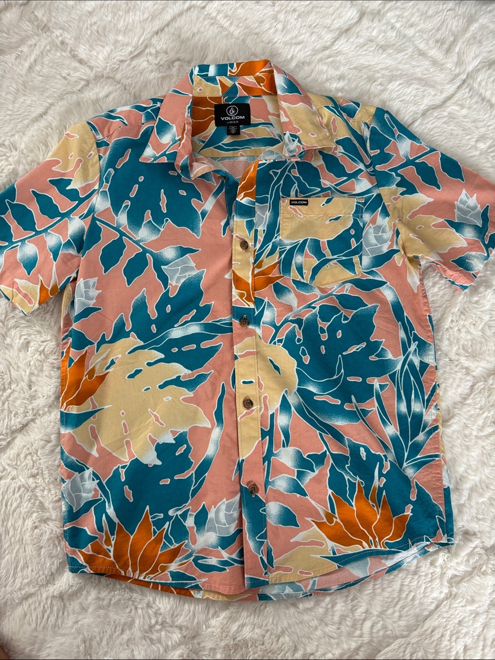 Volcom Youth Teal & Coral Tropical Button-Up Polo